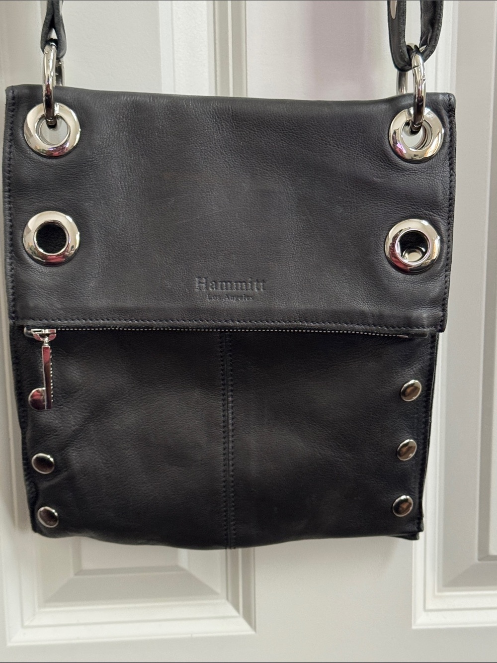 Hammitt Black Leather Crossbody with Silver Grommets